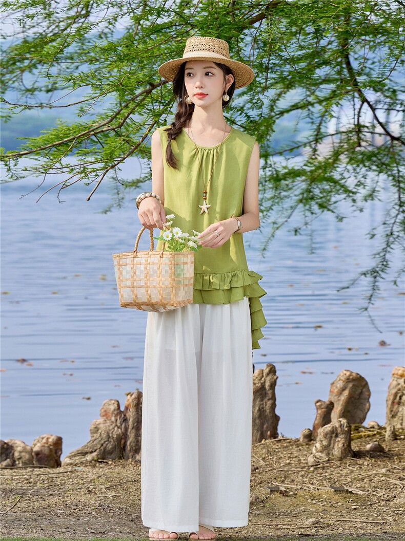 巨好看洋气减龄漂亮荷叶边上衣套装女2026年夏季新款阔腿裤两件套,女装套装/套裙,安之芮娜