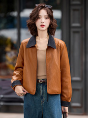 2025秋冬季女装新款大量现货拼色翻领袖口翻边撞色短款皮衣外，女装皮衣，衣之秀
