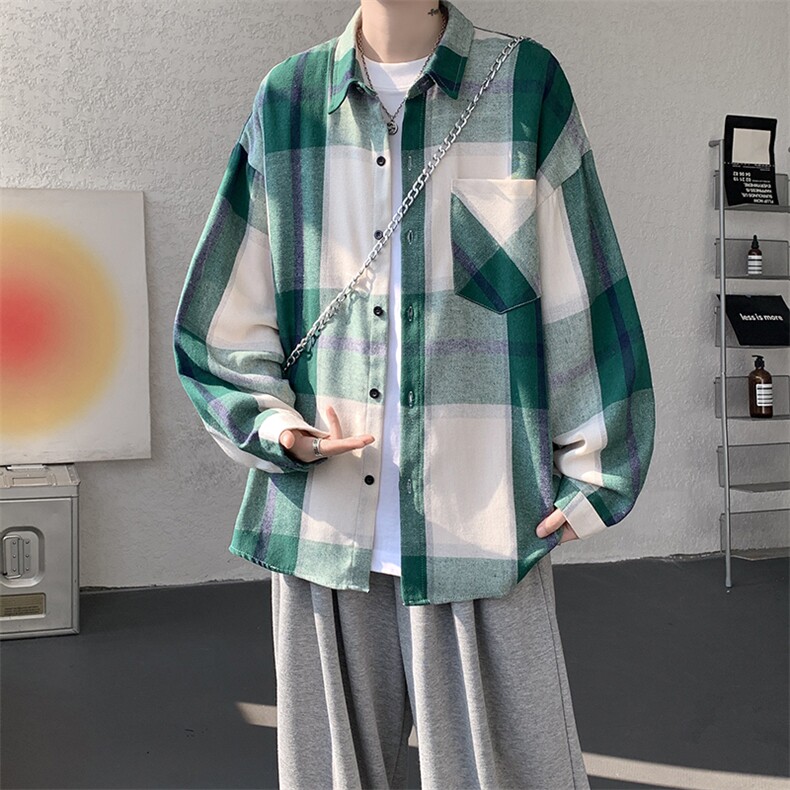 衬衫男秋季新款港风宽松大码磨毛格子长袖衬衣CS6636-特P29，男装衬衫，星座214-3