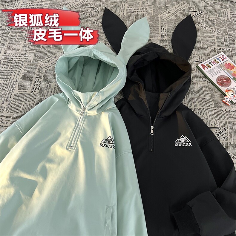 冬款防风防水雪山字母印花兔耳朵滑雪服男女银狐绒外套M38-P125图片