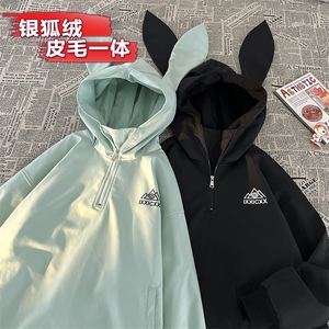 冬款防风防水雪山字母印花兔耳朵滑雪服男女银狐绒外套M38-P125图片