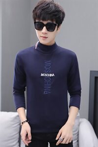 冬季半高领刺绣卫衣男t恤男休闲加绒加厚保暖打底长袖藏青320P20图片