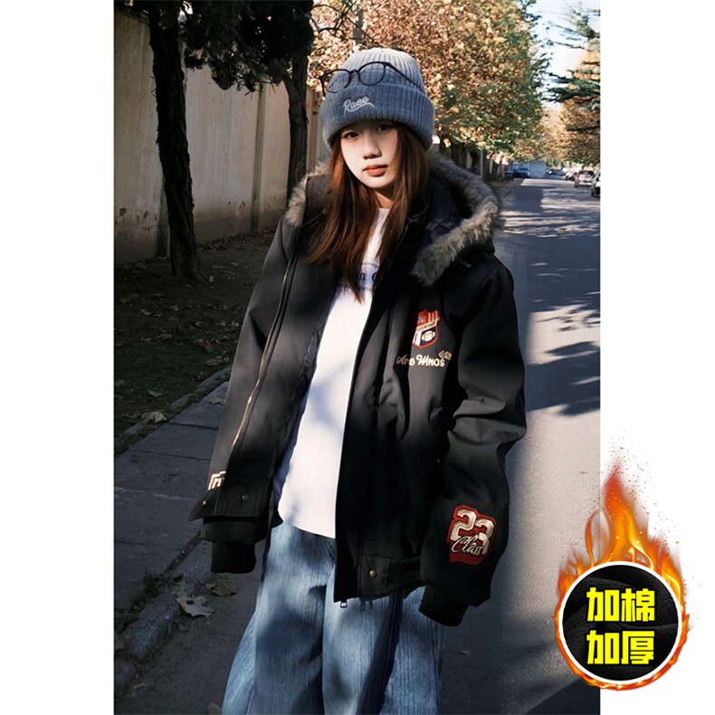 现货高品质美式高街重磅刺绣座山雕大毛毛领棉衣男女加厚棉服外套，男装棉衣，电商A443