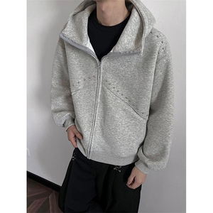 抖音得物高品质二开26春装美式高街铆钉拼接纯色开衫卫衣外套W122图片