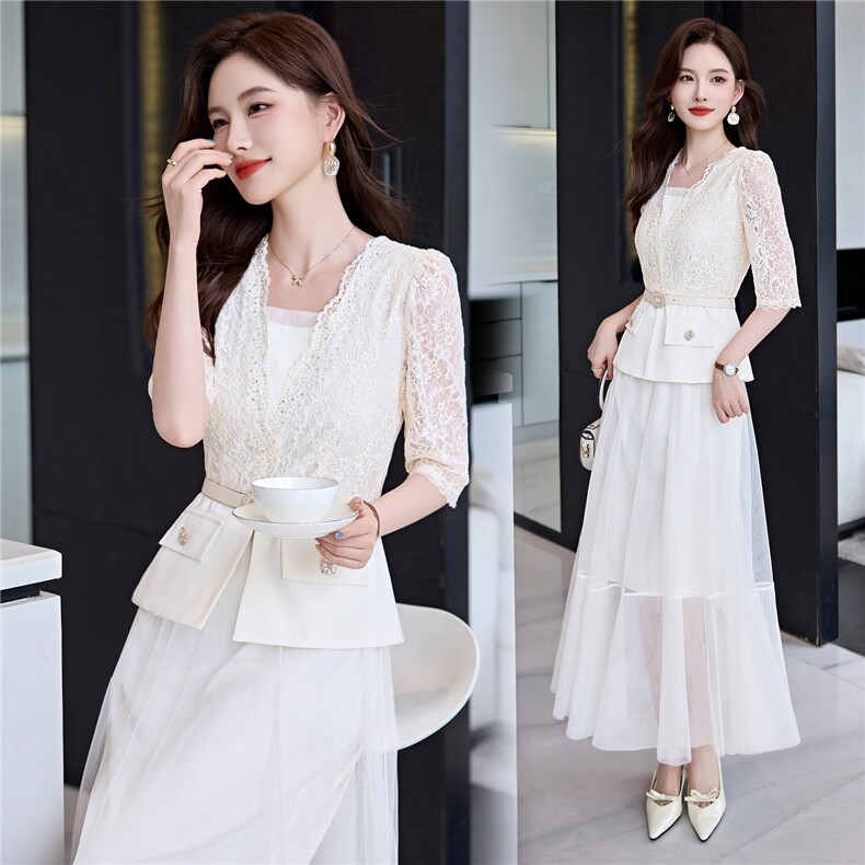 2025年夏季新款烫钻气质V领假两件连衣裙女，女装连衣裙，魅家