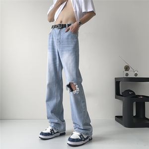 水洗泥黄破洞牛仔裤男 直筒微喇cleanfit裤子美式高街vibe006P55图片