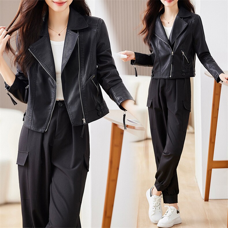 2023年春秋新款外套机车小皮衣女外套时尚收腰短款拉链pu皮夹克,女装皮衣,江南女神