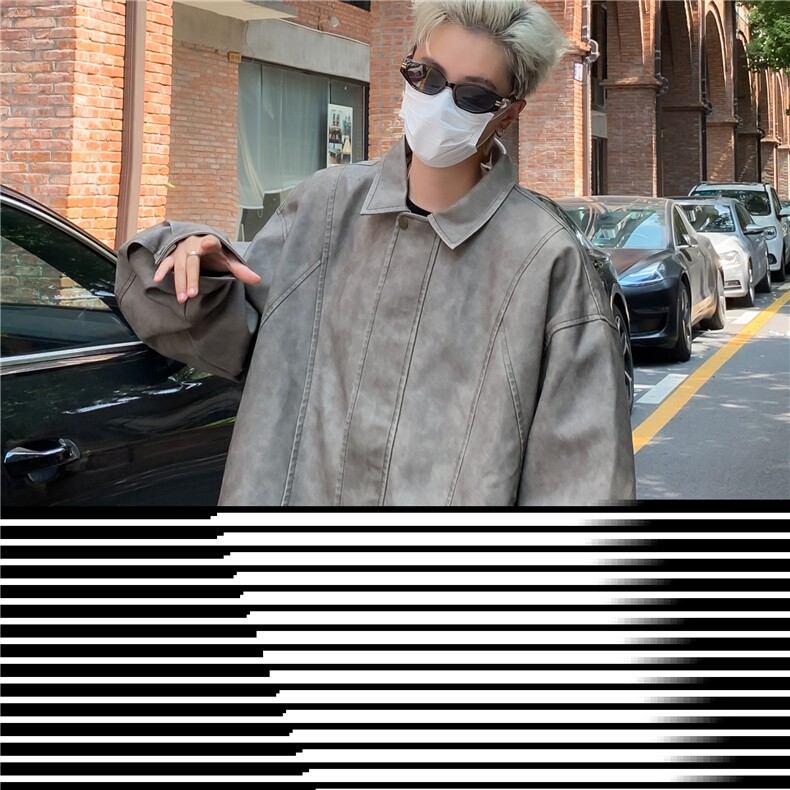 复古肌理感PU皮衣痞帅机车夹克宽松休闲分割设计翻领上衣外套Y169图片