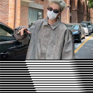复古肌理感PU皮衣痞帅机车夹克宽松休闲分割设计翻领上衣外套Y169图片