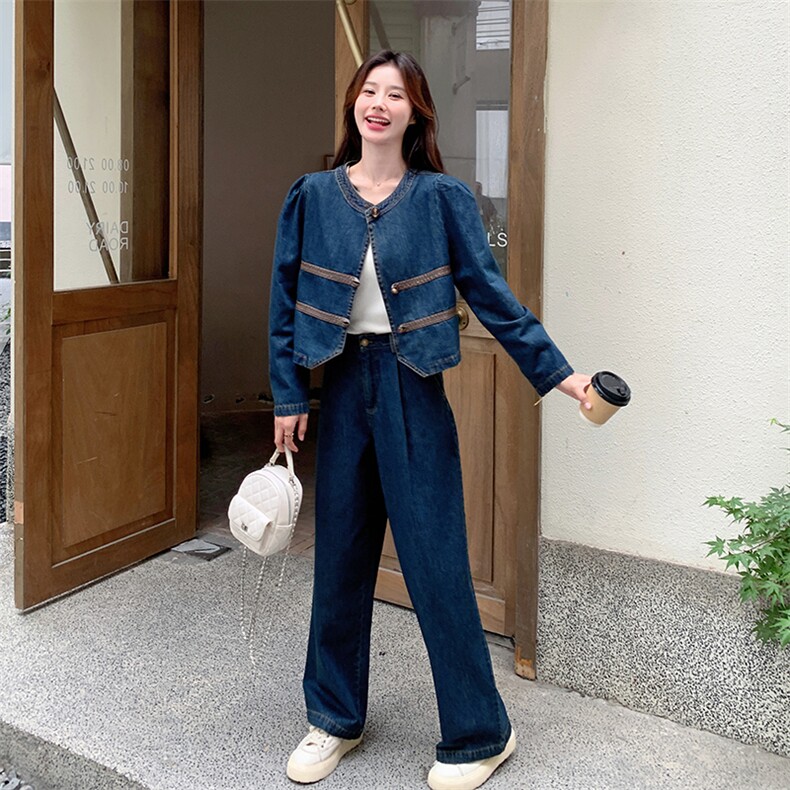 时尚显瘦牛仔套装女长裤2024新款韩版宽松百搭休闲两件套,女装套装/套裙,秋水欣儿