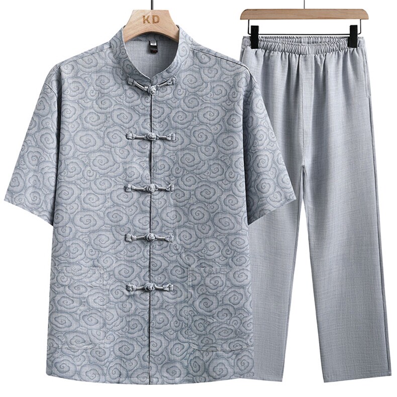 夏季复古唐装薄款风潮冰丝麻短袖复古立领套装TR2807-P100，男装休闲套装，星座1105-3