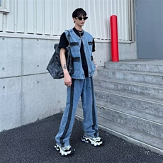 炸街潮牌两件套痞帅春夏牛仔马甲套装2025新款ins牛仔裤W6537-P86，男装牛仔裤，星座412-3