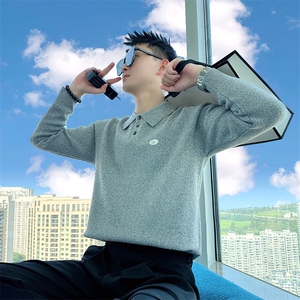 AM299/P85控115秋冬季社会小伙翻领贴标韩式百搭休闲毛衣男浅灰首图片