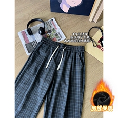XK468-2JR-P38加绒秋冬灰色格子裤男松弛感美式休闲阔腿直筒裤，男装卫衣，电商A178