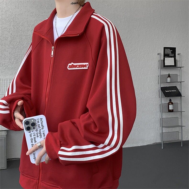 8XL-M条纹撞色开衫新年红卫衣运动套装潮牌运动服校园风TZ114P118，男装休闲套装，电商D206-1