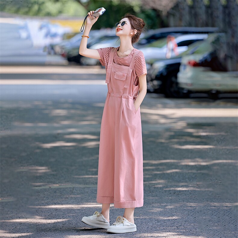 现货2025夏季新款时尚宽松背带裤阔腿裤,女装套装/套裙,半夏