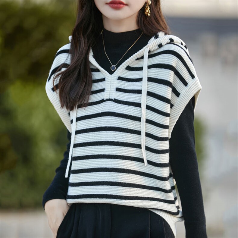 25新款马甲女连帽条纹抽绳毛衣背心帽衫羊绒衫针织坎肩，女装马甲，暖烁羊绒