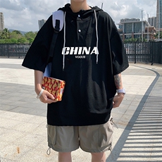 LD54001-P45连帽短袖t恤男大码胖子带帽五分袖中袖，男装T恤，电商A040