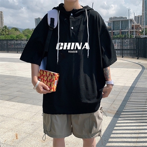LD54001-P45 连帽短袖t恤男大码胖子带帽五分袖中袖图片