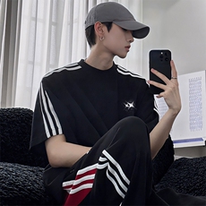 抖音得物高品质二开240克宽松纯棉美式潮牌三条杠织带短袖T恤，男装T恤，电商A486-1