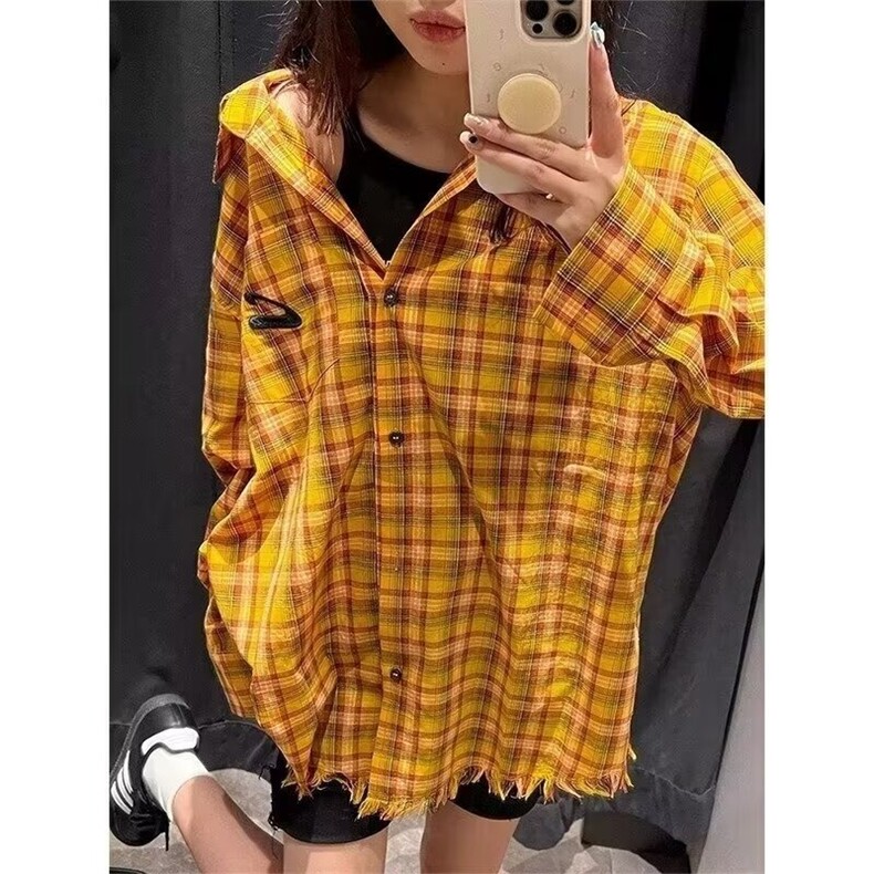 美式多巴胺长袖格子衬衫女薄款秋季衬衣宽松防晒外套秋C09，男装防晒衣，星座1116A（原606A-3）