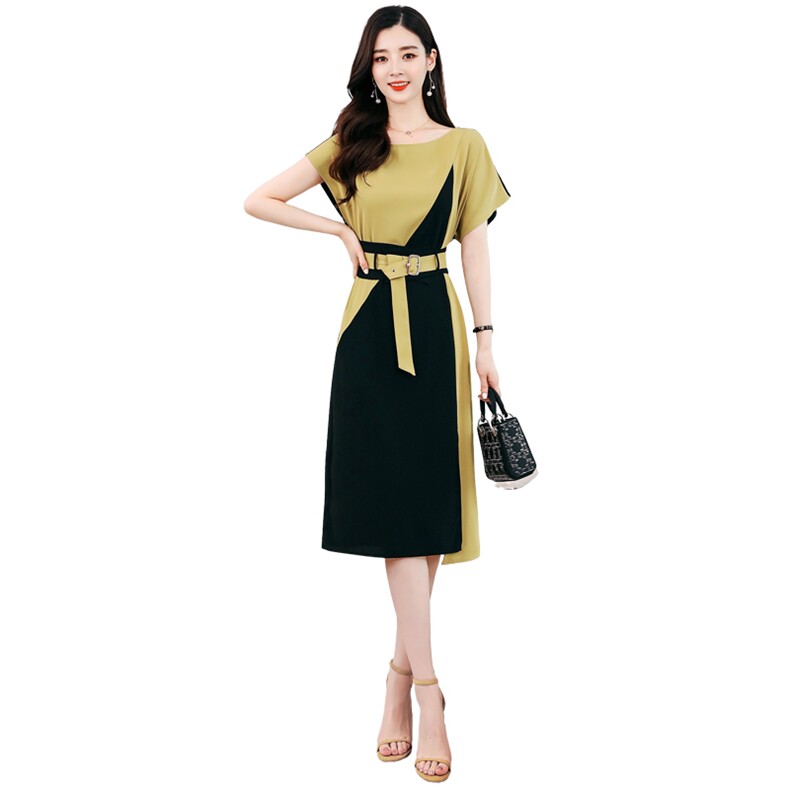 2021年夏季高腰圆领套头短袖收腰显瘦气质优雅拼接色连衣裙,女装连衣裙,仟媚宠