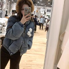 蓝色牛仔棉衣棉服外套女2025年新款冬季加厚小个子短款立领面包服，男装棉衣，星座506A