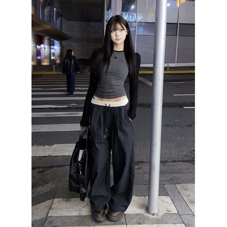 撞色腰格子长裤子2025新款复古薄款直筒运动休闲阔腿裤夏KW35，男装休闲裤，星座1116A（原606A-3）