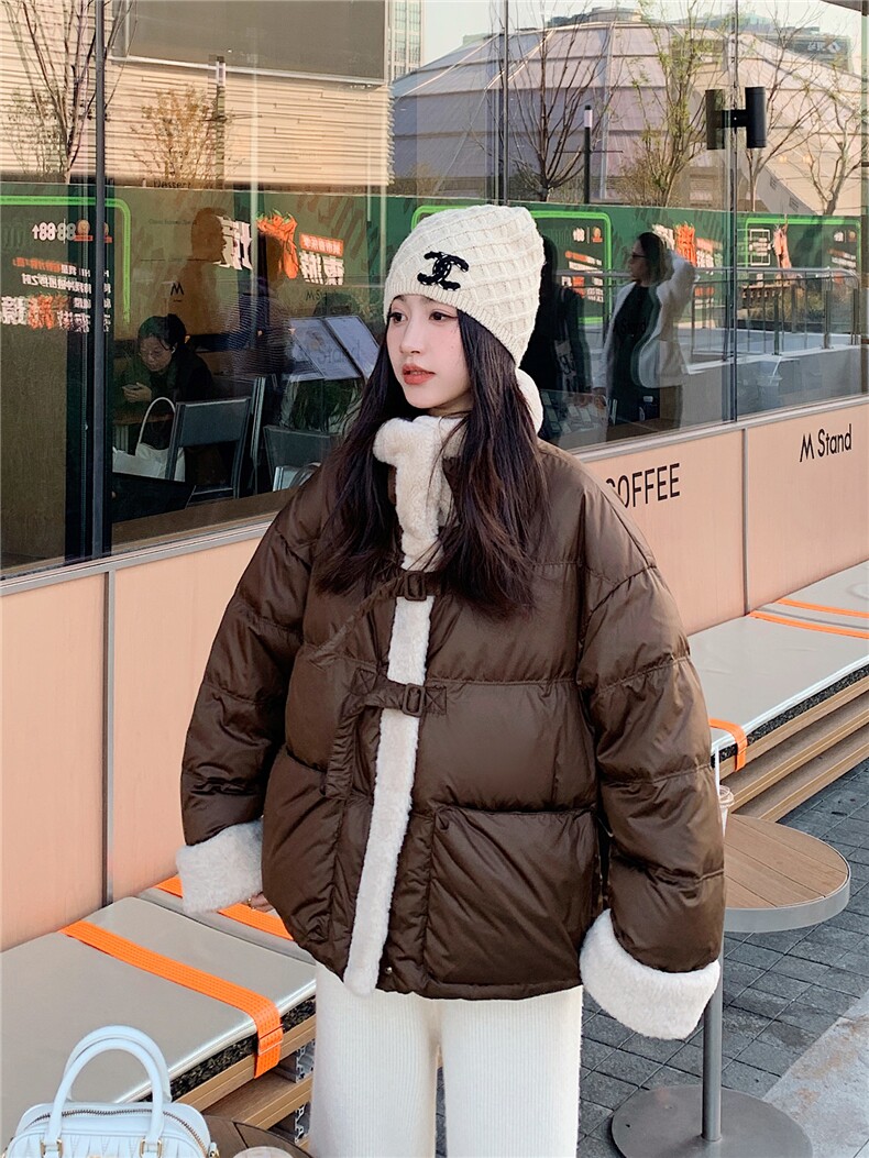 羊羔毛领美拉德短款羽绒服女冬季2025新款小个子高级流行设计小众,女装羽绒服,艾米莉亚