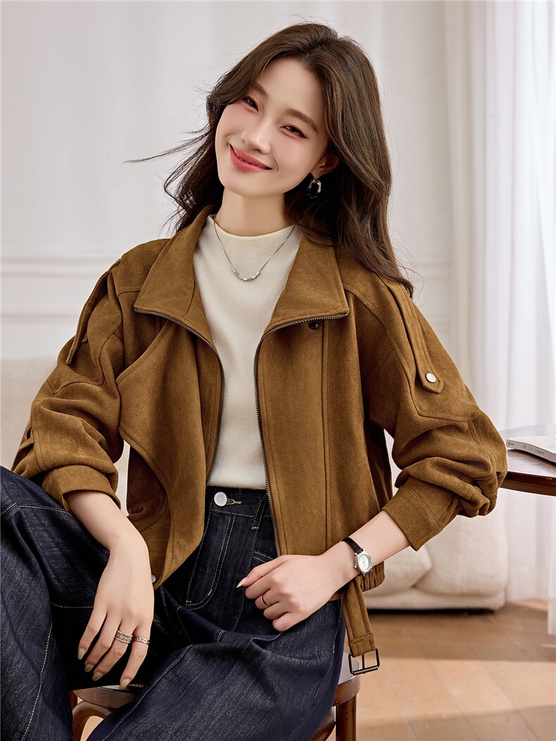 美拉德复古麂皮绒短款外套女棕色显瘦百搭小个子休闲夹克2026秋季,女装皮衣,江南女神