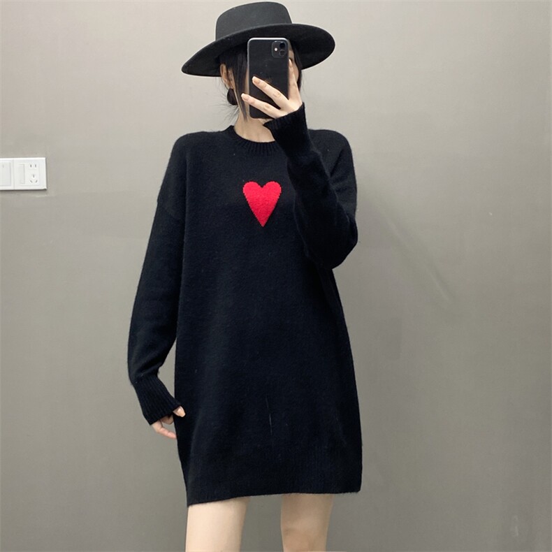 欧货慵懒软糯纯山羊绒衫女中长款毛衣圆领爱心宽松加厚针织连衣裙，女装羊绒衫，织绒羊