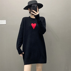 欧货慵懒软糯纯山羊绒衫女中长款毛衣圆领爱心宽松加厚针织连衣裙，女装羊绒衫，织绒羊