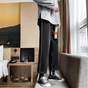 送腰带~直筒牛仔裤男直筒阔腿长裤ins宽松九分裤子A080-9258-P35，男装牛仔裤，电商A080