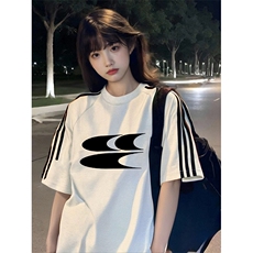 抖音得物高品质二开240克宽松纯棉美式潮牌三条杠织带短袖T恤，男装T恤，电商A486-1