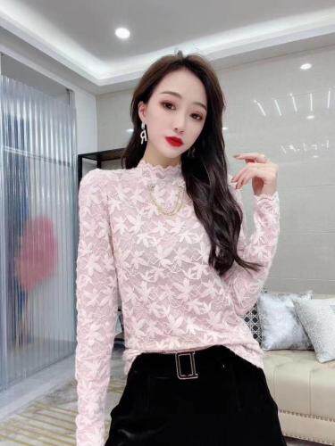 9513#金貂绒蕾丝加衬时尚打底小衫。4色4码，女装，红妞(1F)