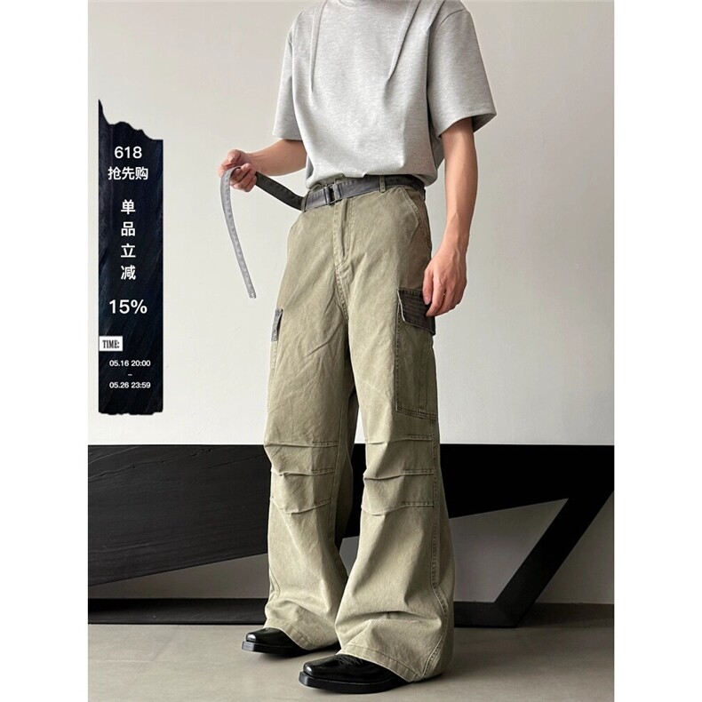 【腰带三褶皱】甄枚前美式腰带设计感cleanfit直筒宽松休闲工装裤图片