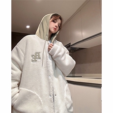 eq334贴补刺绣拼接连帽羊羔毛外套男女情侣装2024新款加厚棉服，男装棉衣，电商C306-1