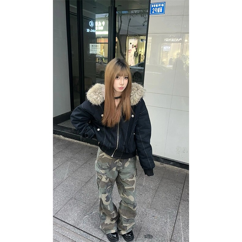 现货重磅boxy短款棉衣座山雕大毛毛领男女棉服水洗工装厚外套,男装棉衣,电商A486-1