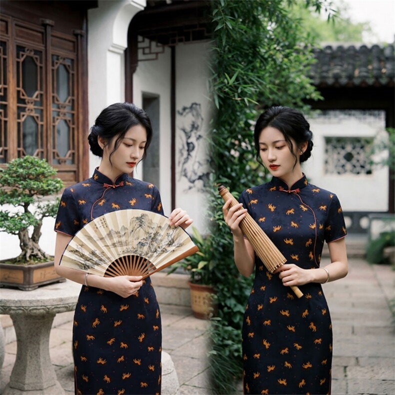 夏季新品时尚气质金丝提花香云纱品质真丝喜庆中长款旗袍裙,女装汉服/婚纱/旗袍/礼服,媚琳依坊