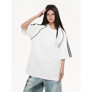 得物抖音高品质二开240克重磅宽松纯棉美式三杠织带中性风短袖T恤图片
