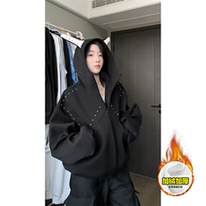 480G重磅加绒硬挺boxy男女美式高街卫衣铆钉杜宾犬耳朵开衫厚外套，女装短外套，电商A486