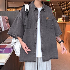 牛仔衬衫男夏季古着vintage短袖衬衣高级感潮牌痞帅半袖翻领外套，男装衬衫，星座1008-2