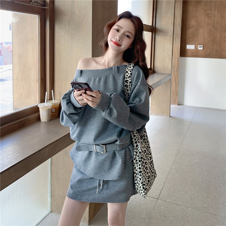 韩系减龄休闲运动服套装女2025年夏季简约收腰斜肩短袖短裙两件套,女装套装/套裙,2C327