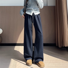 重磅醋酸羊毛针织牛仔蓝休闲裤秋冬垂感直筒显瘦加绒拖地裤，女装休闲裤，云美莎专业女裤-全店现货