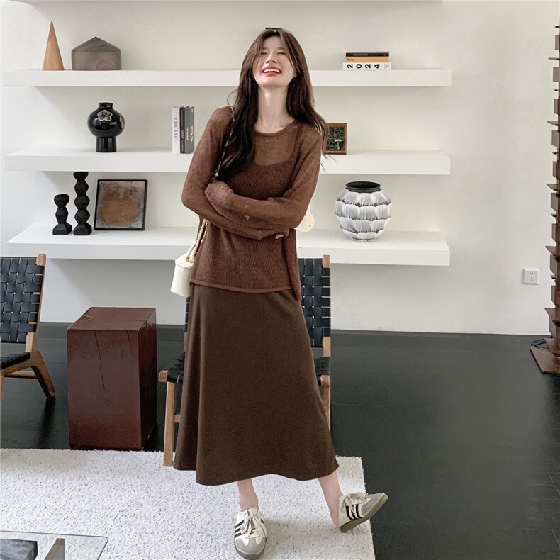 时尚休闲套装女初秋季设计感镂空薄款针织衫内搭吊带裙长袖两件套,女装连衣裙,2C166