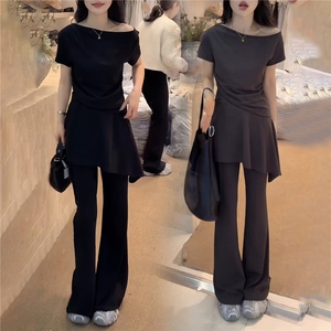 女夏季新款时尚洋气套装纯色斜肩收腰短袖上衣蕾丝屁帘长裤两件套图片