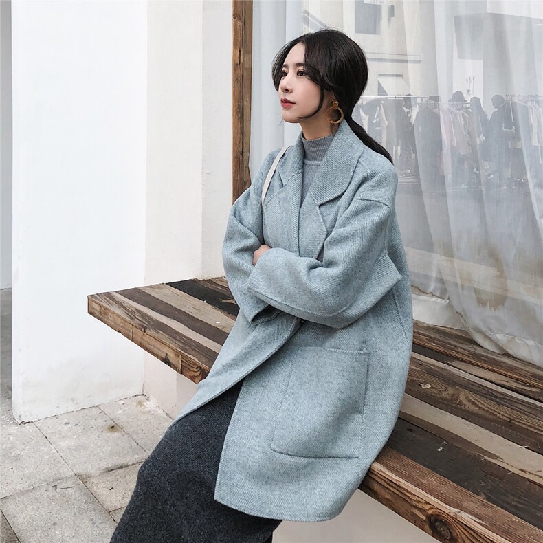 西装领2021春季新款修身时尚长袖中长款毛呢外套纯色,女装毛呢外套,微微衣阁