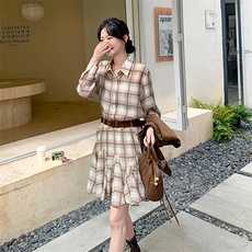 咖色小个子复古绣花马甲连衣裙套装女2025秋新款格纹衬衫裙两件套，女装套装/套裙，1C150