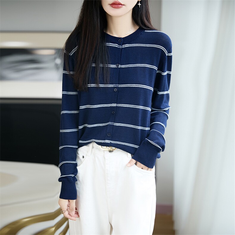 常规款条纹针织开衫女士圆领叠穿长袖针织显瘦休闲打底毛衣小外套，女装针织衫/毛衣，暖绒情旗舰店