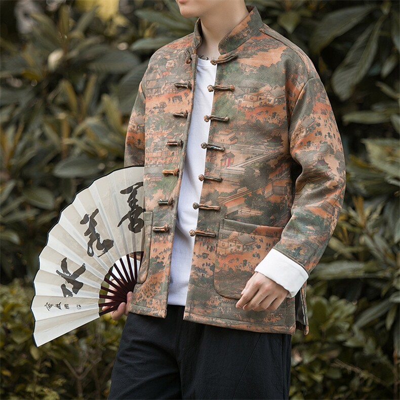 潮新中式鹿皮绒清明上河图数码印花加厚手工盘扣夹克外套 JK95图片